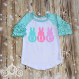 ONE Peeps Easter Bunny Birthday, Bodysuit Ruffle Raglan Tee w Aqua Sequin Shorts, Girls First Birthday Set