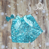 ONE Peeps Easter Bunny Birthday, Bodysuit Ruffle Raglan Tee w Aqua Sequin Shorts, Girls First Birthday Set