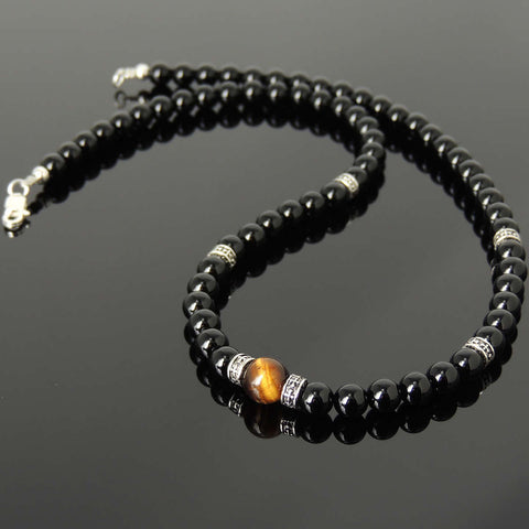 Men's Women Black Onyx Brown Tiger Eye Necklace 925 Sterling Silver Cross Spacer Clasp DiyNotion Handmade NK187
