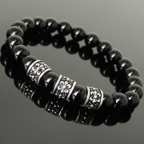 Men's Women Bright Black Onyx Bracelet 925 Sterling Silver Fleur de Lis Charms DiyNotion BR1099