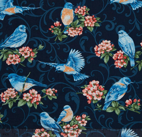 SALE New Collection - Bluebird Gathering - Allover Bluebirds Yardage by Jackie Robinson for Benartex
