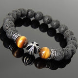 Men's Women Natural Lava Rock Brown Tiger Eye Bracelet 925 Sterling Silver Cross Bead & Spacers DiyNotion BR1102