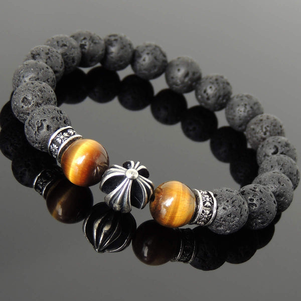 Men's Women Natural Lava Rock Brown Tiger Eye Bracelet 925 Sterling Silver Cross Bead & Spacers DiyNotion BR1102