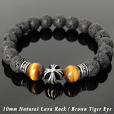 Men's Women Natural Lava Rock Brown Tiger Eye Bracelet 925 Sterling Silver Cross Bead & Spacers DiyNotion BR1102