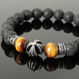 Men's Women Natural Lava Rock Brown Tiger Eye Bracelet 925 Sterling Silver Cross Bead & Spacers DiyNotion BR1102