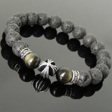 Men's Women Natural Lava Rock Golden Obsidian Bracelet 925 Sterling Silver Cross Bead & Spacers DiyNotion BR1104