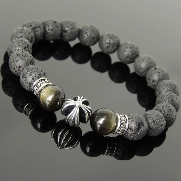 Men's Women Natural Lava Rock Golden Obsidian Bracelet 925 Sterling Silver Cross Bead & Spacers DiyNotion BR1104