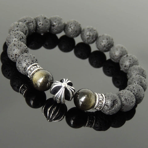 Men's Women Natural Lava Rock Golden Obsidian Bracelet 925 Sterling Silver Cross Bead & Spacers DiyNotion BR1104