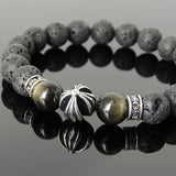 Men's Women Natural Lava Rock Golden Obsidian Bracelet 925 Sterling Silver Cross Bead & Spacers DiyNotion BR1104