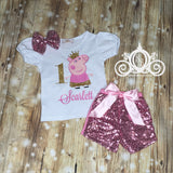 Peppa Pig Birthday Shirt, Bubble Tee with Silver Sequin Shorts, Personalized Monogram with Name and Age