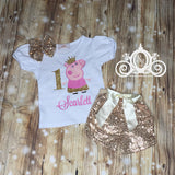 Peppa Pig Birthday Shirt, Bubble Tee with Pink Sequin Shorts, Personalized Monogram with Name and Age