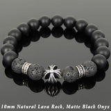 Men's Women Natural Matte Black Onyx Lava Rock Bracelet 925 Sterling Silver Cross Bead & Spacers DiyNotion BR1107