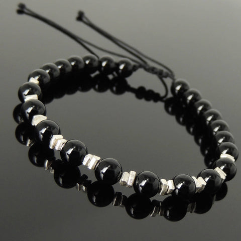 Men's Women Bright Black Onyx Adjustable Braided Bracelet 925 Sterling Silver Nugget Beads from Thailand DiyNotion BR1109
