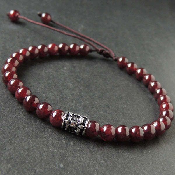 Men's Women Garnet Adjustable Braided Bracelet 925 Sterling Silver Fleur de Lis Barrel Bead DiyNotion BR1111
