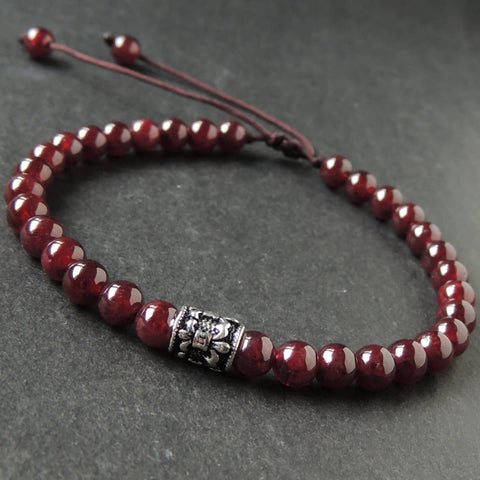 Men's Women Garnet Adjustable Braided Bracelet 925 Sterling Silver Fleur de Lis Barrel Bead DiyNotion BR1111