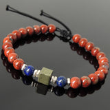 Men's Women Red Jasper Stone Lapis Pyrite Adjustable Braided Bracelet 925 Sterling Silver Nugget Beads from Thailand DiyNotion BR1112
