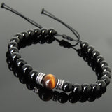 Men's Women Bright Black Onyx Brown Tiger Eye Adjustable Braided Bracelet 925 Sterling Silver Cross Spacers DiyNotion BR1116