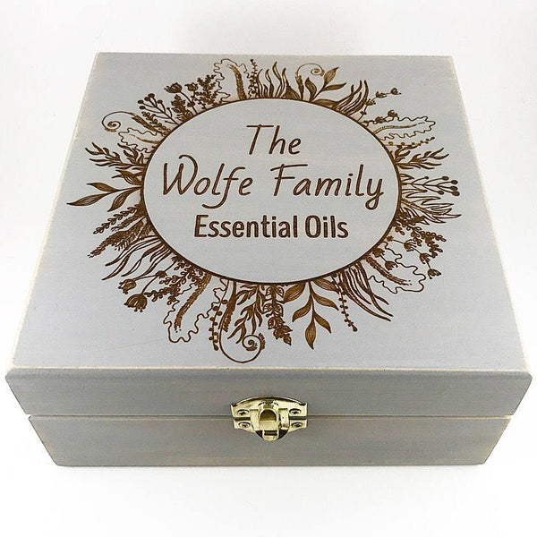 Wildflower Ring w/NAME! - Essential Oil Storage Box 25 Slot 15ml -Pine- Choose Finish and Custom Laser Engravings - Fit dōTERRA Young Living