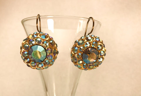 Vintage Aurora Borealis Crystal Button Earrings, Gold Metal Buttons, Rainbow Crystal Earrings, Drop Earrings, Antique Metal Buttons, ABE346