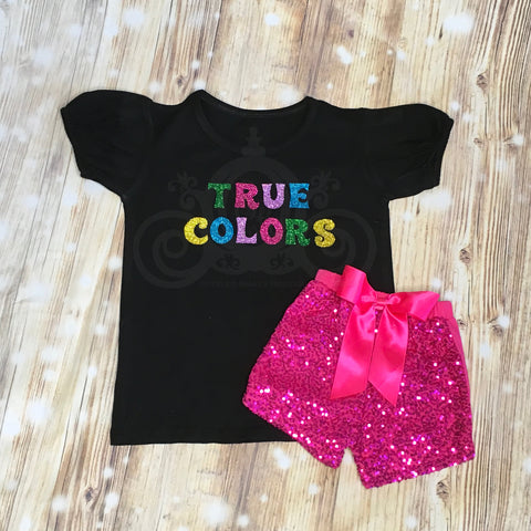 Trolls True Colors Glitter Birthday Outfit Ruffle Raglan Bubble Tee Shirt with Sequin Shorts  Girl Baby Toddler Shirt