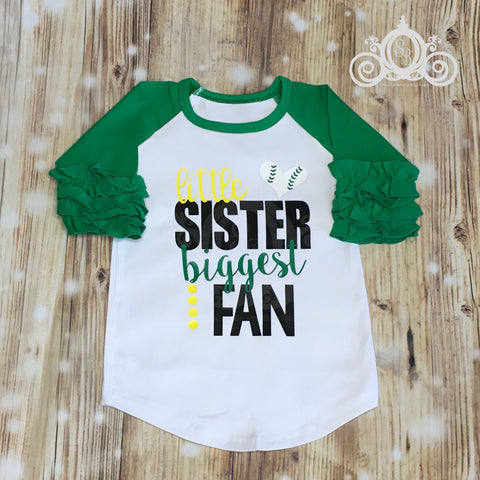 Little Sister Biggest Fan Baseball Ruffle Raglan Tee Personalized Shirt