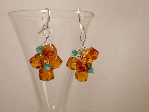 Vintage Amber Glass Button Earrings, Hand Wired Turquoise Beads, Silver Filled Ear Wires, Boho Earrings, Antique Button Jewelry, AGE358