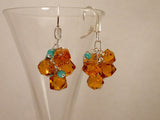 Vintage Amber Glass Button Earrings, Hand Wired Turquoise Beads, Silver Filled Ear Wires, Boho Earrings, Antique Button Jewelry, AGE358