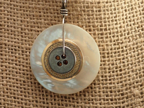 Vintage Button Pendant Necklace, Mother of Pearl, MOP, Mixed Metal Buttons, Layered Button Pendant, Sterling Silver Chain, MPN181