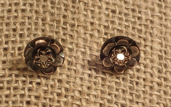 Vintage MOP Button Earrings, Smoky Carved Mother of Pearl, MOP Stud Earrings, Faux Gauge Earrings, Post Earrings, Flower Earrings MPE125