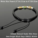 Men's Women Snake Skin Stone Bright Black Onyx Adjustable Braided Bracelet 925 Sterling Silver Nugget Beads from Thailand DiyNotion BR1122