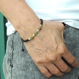 Men's Women Snake Skin Stone Bright Black Onyx Adjustable Braided Bracelet 925 Sterling Silver Nugget Beads from Thailand DiyNotion BR1122