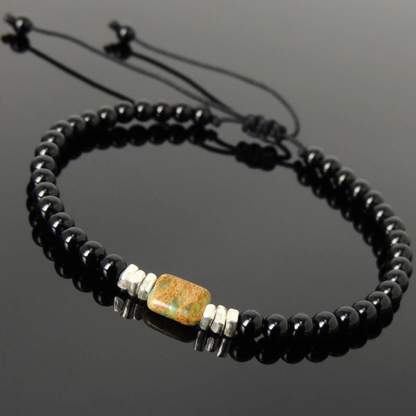 Men's Women Snake Skin Stone Bright Black Onyx Adjustable Braided Bracelet 925 Sterling Silver Nugget Beads from Thailand DiyNotion BR1123