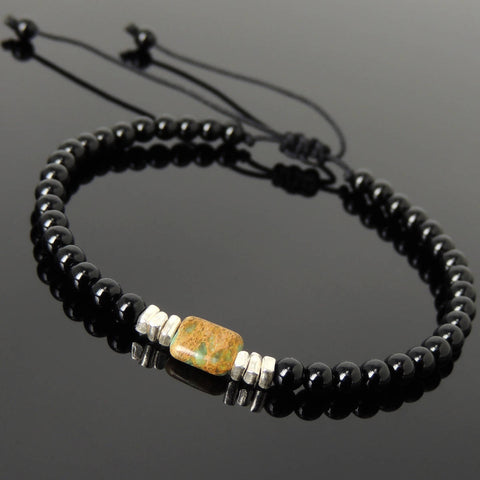 Men's Women Snake Skin Stone Bright Black Onyx Adjustable Braided Bracelet 925 Sterling Silver Nugget Beads from Thailand DiyNotion BR1123
