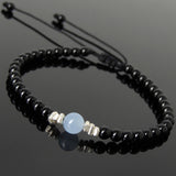 Men's Women Aquamarine Bright Black Onyx Adjustable Braided Bracelet 925 Sterling Silver Nugget Beads from Thailand DiyNotion BR1124