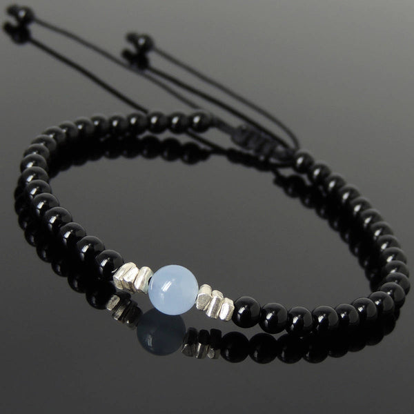 Men's Women Aquamarine Bright Black Onyx Adjustable Braided Bracelet 925 Sterling Silver Nugget Beads from Thailand DiyNotion BR1124