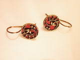 Brass Button Earrings, Vintage Metal Buttons, Red & Gold Flower Design, Handmade Brass Ear Wires, Art Deco Earrings, Steel Cut Buttons