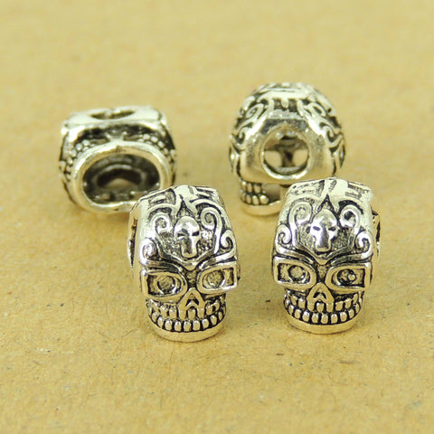 4 Pcs 925 Sterling Silver Double-sided Skull Beads Dia De Muertos Day of The Dead DIY WSP553X4 Wholesale