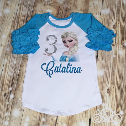 Elsa Frozen Birthday Shirt, Ruffle Raglan with Sequin Pants, Personalized with Name and Age