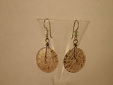 Vintage Pressed Depression Glass Button Earrings, Golden Brown Clear Glass Buttons, Green Fire Polished Beads, Antique Brass Ear Wires