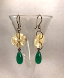 Vintage Ivory Mother of Pearl Button Earrings, MOP Buttons, Vintage Green Glass Bead Drops, Hand Made Bronze French Hook Ear Wires MPE360