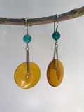 Amber Bakelite Button Earrings, Vintage Buttons, Turquoise Beads, Silver Chain, Hand Made French Hook Ear Wires, Dangle Drop Earrings BTE350