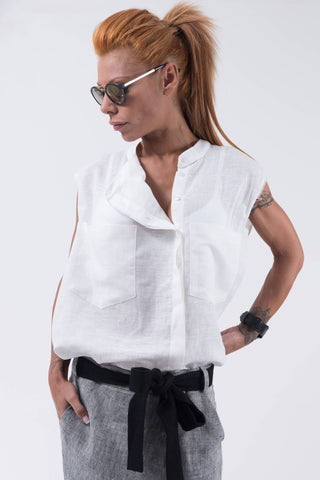 White Linen shirt/Summer shirt top/Sleeveless shirt /Unique white shirt /Asymmetric shirt /white tunic top