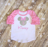 Minnie Inspired Glitter Monogram & Age Birthday Shirt Girls Icing Ruffle Raglan