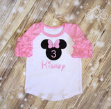 Minnie Inspired Glitter Monogram & Age Birthday Shirt Girls Icing Ruffle Raglan