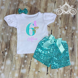 Mermaid Birthday Outfit, Bubble Sleeve Shirt & Sequin Shorts