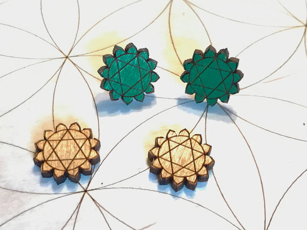 Heart Chakra Wooden Earrings - Painted or Natural - 4th Chakra - Green - Anahata
