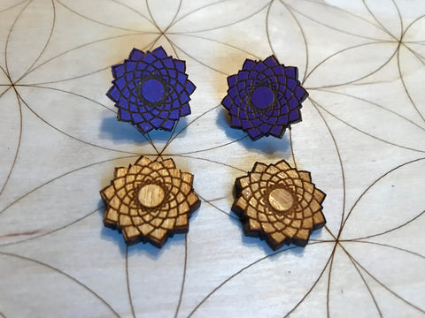 Crown Chakra Wooden Earrings - Painted or Natural -6th Chakra - Purple - Sahasrara - Violet
