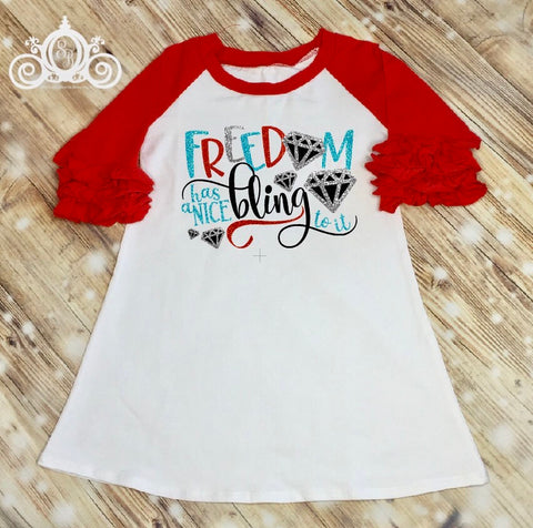 Freedom Has a Nice Bling Fourth of July Dress, 4th of July Outfit, Girls Icing Ruffle Raglan Dress, Monogram Dress