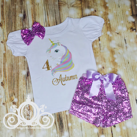 Unicorn Birthday Outfit, Personalized Shirt with Name and Age, Bubble Sleeve Tee & Sequin Shorts