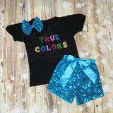 Trolls True Colors Glitter Birthday Outfit Ruffle Raglan Bubble Tee Shirt with Sequin Shorts  Girl Baby Toddler Shirt